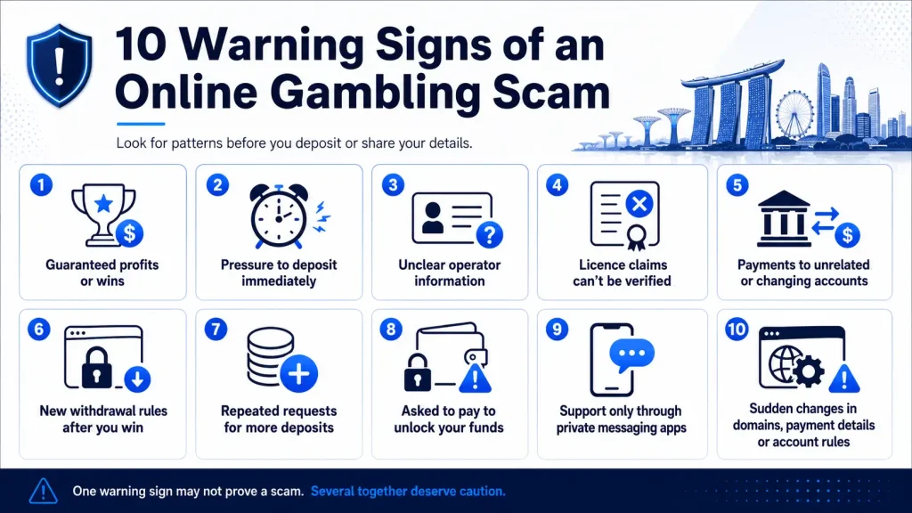 10 warning signs of an online gambling scam in Singapore, including guaranteed wins, pressure to deposit, changing payment accounts and requests for more money