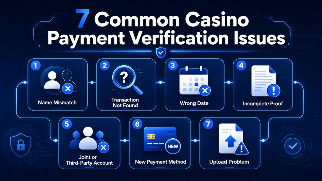common casino payment verification issues including name mismatch, missing transactions, wrong dates, incomplete proof, third-party accounts, new payment methods and upload problems