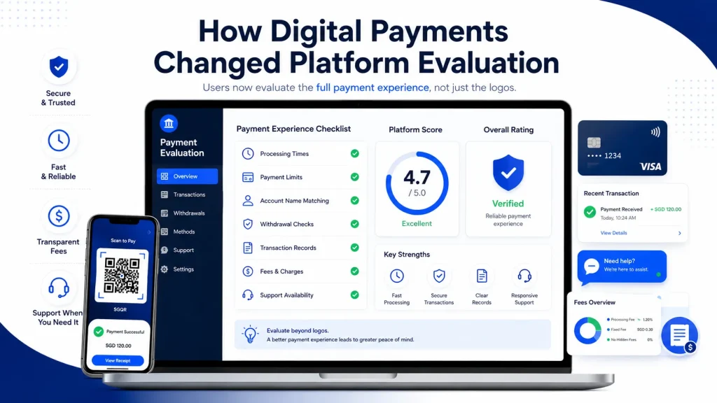 How users evaluate digital payment platforms by reviewing processing times, payment limits, account name matching, withdrawal checks, transaction records, fees, security, and customer support