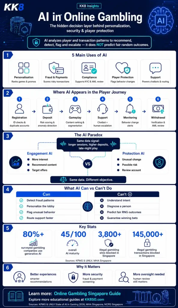 how AI is used in online gambling for personalisation, fraud detection, compliance, player protection and customer support
