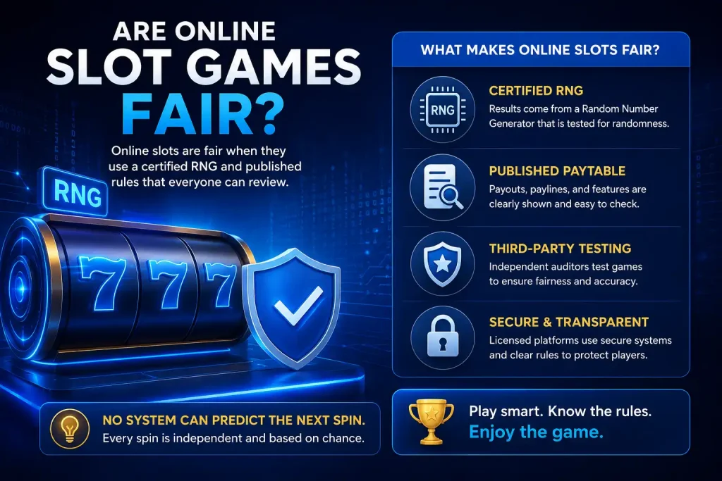 Online slot fairness depends on tested RNG systems, transparent game rules, published paytables, and independent verification