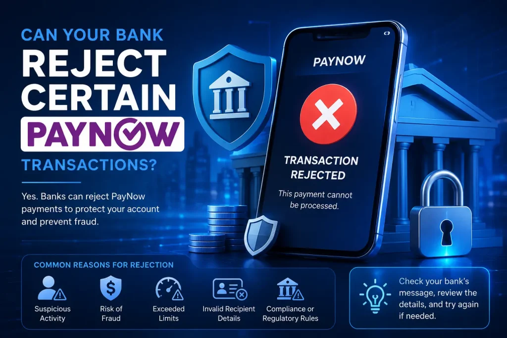 Why a bank might reject certain PayNow transactions, including transfer limits, invalid recipient details, security checks, and technical issues