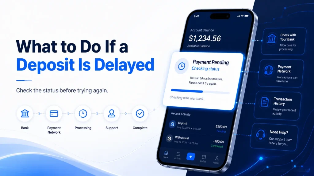 PayNow deposit delay guide showing a pending transfer, bank status check, recipient verification, and transaction reference steps