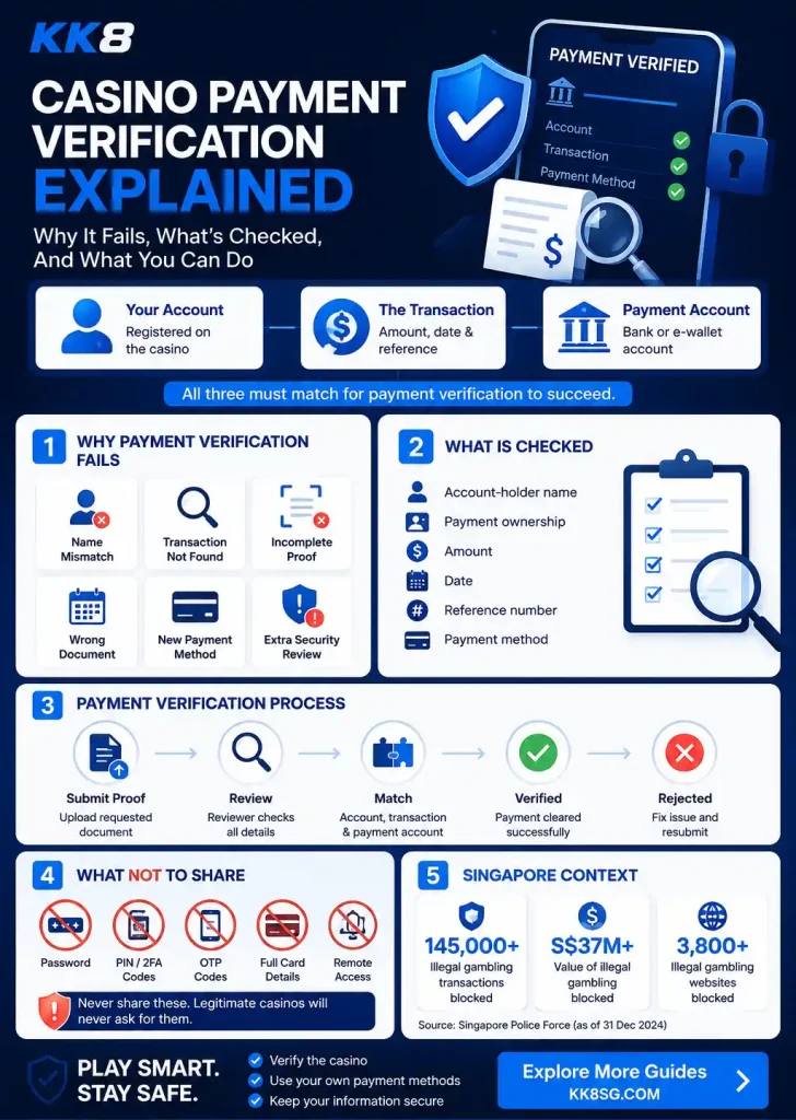 Casino payment verification infographic explaining common verification issues, payment checks, failed verification reasons and safety tips for Singapore players