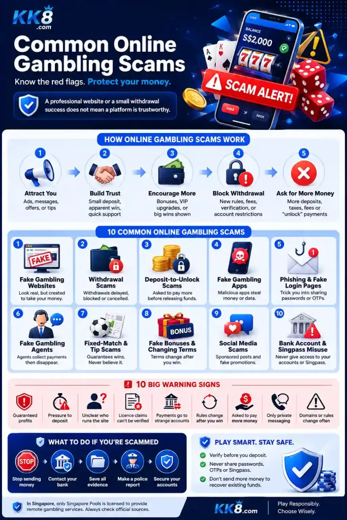 Common online gambling scams in Singapore, including fake gambling websites, withdrawal scams, fake apps, phishing, warning signs and what to do if scammed