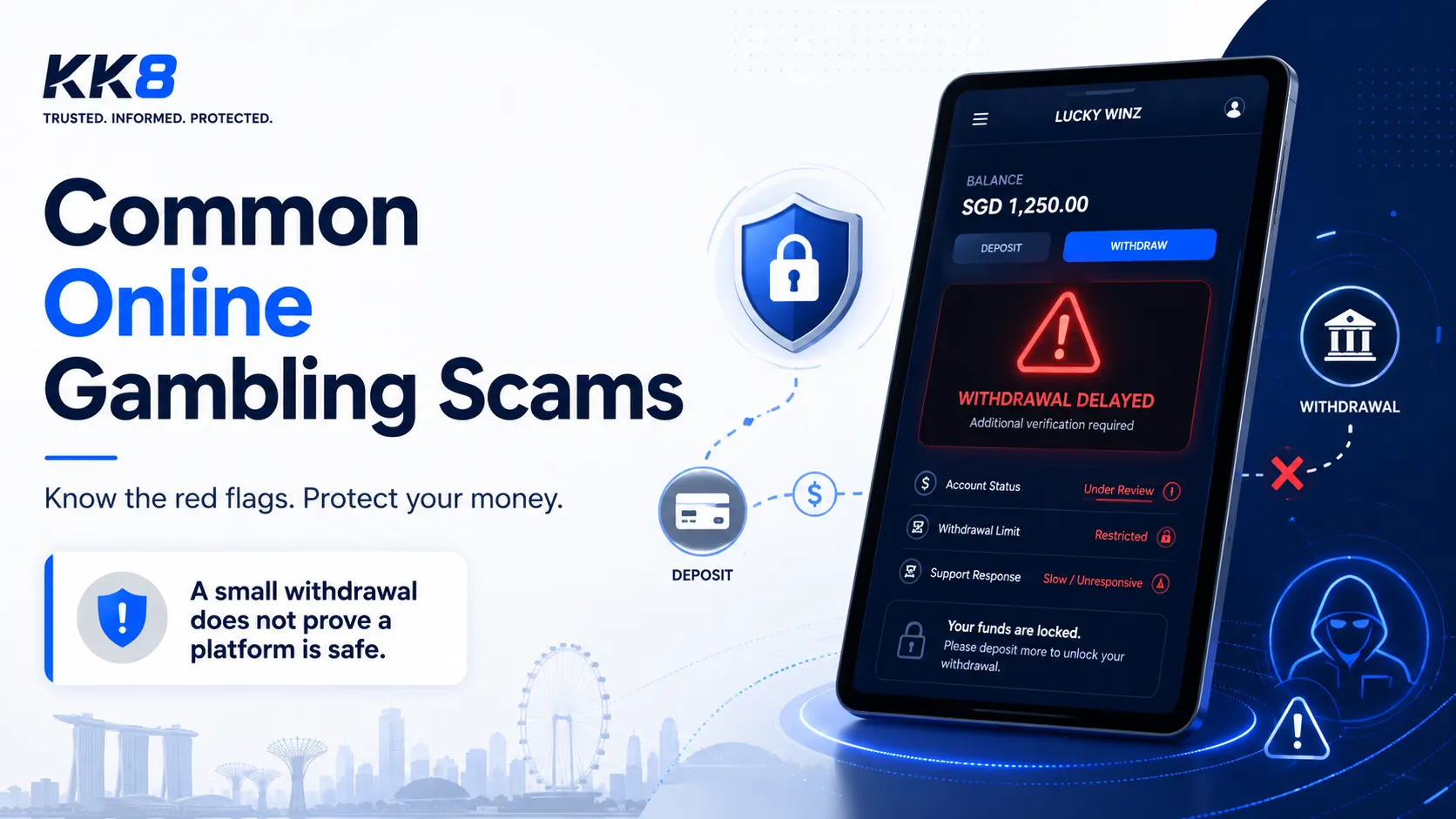 Common online gambling scams in Singapore showing withdrawal scams, fake gambling platforms and key warning signs