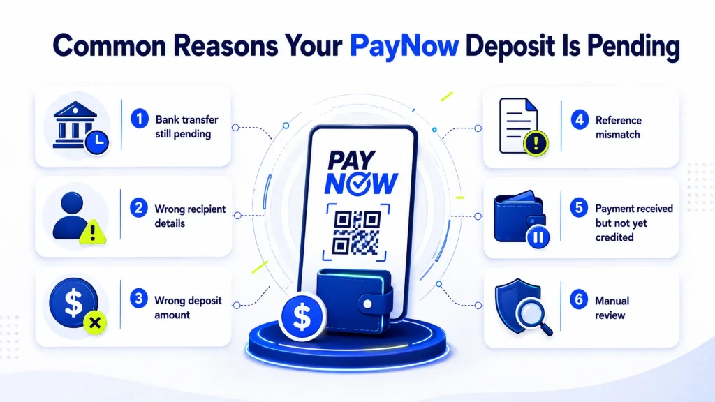 Common reasons a PayNow deposit is pending, including bank delays, wrong recipient details, amount mismatch, reference mismatch, delayed crediting, and manual review