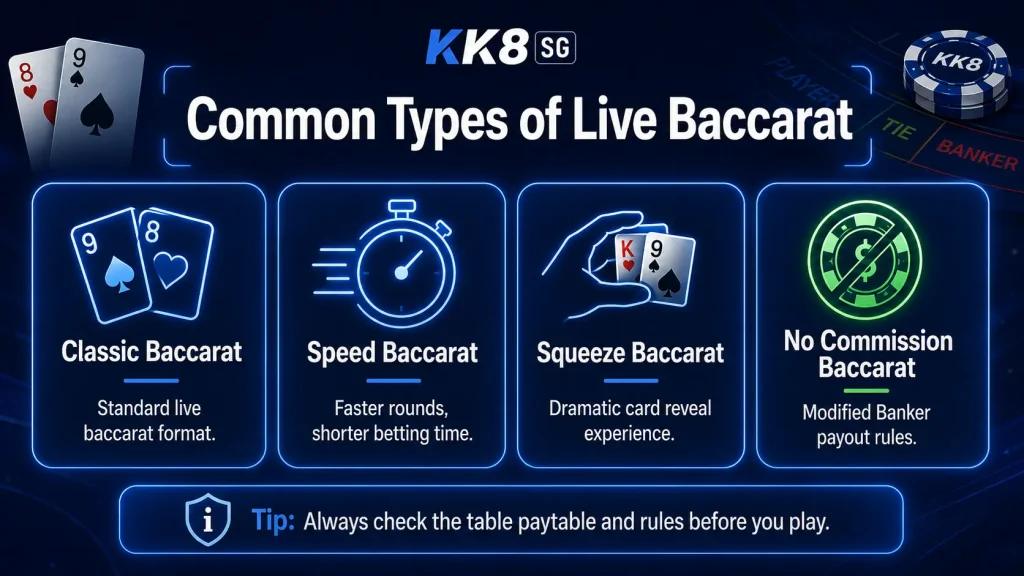 Common types of live baccarat including Classic Baccarat, Speed Baccarat, Squeeze Baccarat and No Commission Baccarat