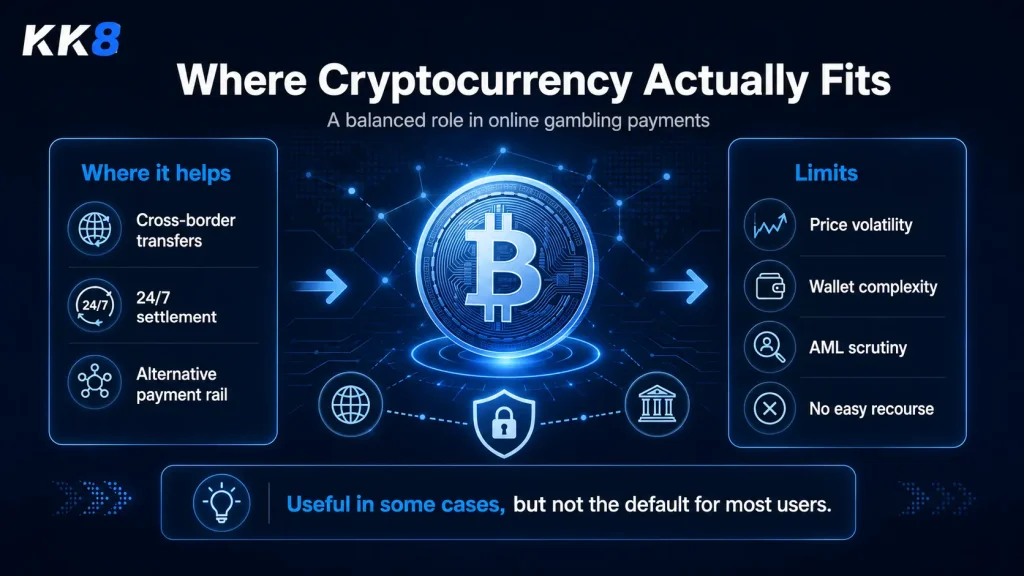 where cryptocurrency fits in online gambling payments, including cross-border transfers, 24/7 settlement, volatility, wallet complexity and AML checks