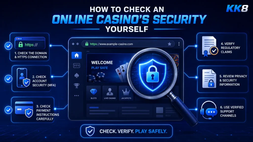 how to check online casino security by reviewing the domain, HTTPS, account protection, payment instructions, regulatory claims, privacy information and support channels