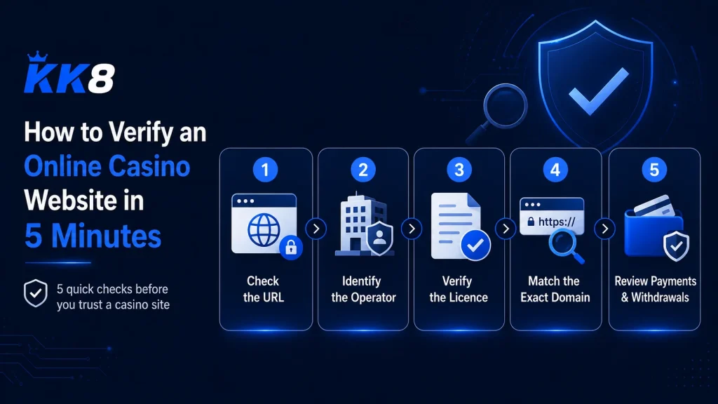 Five-step guide to verify an online casino website by checking the URL, operator, licence, domain, payments and withdrawals