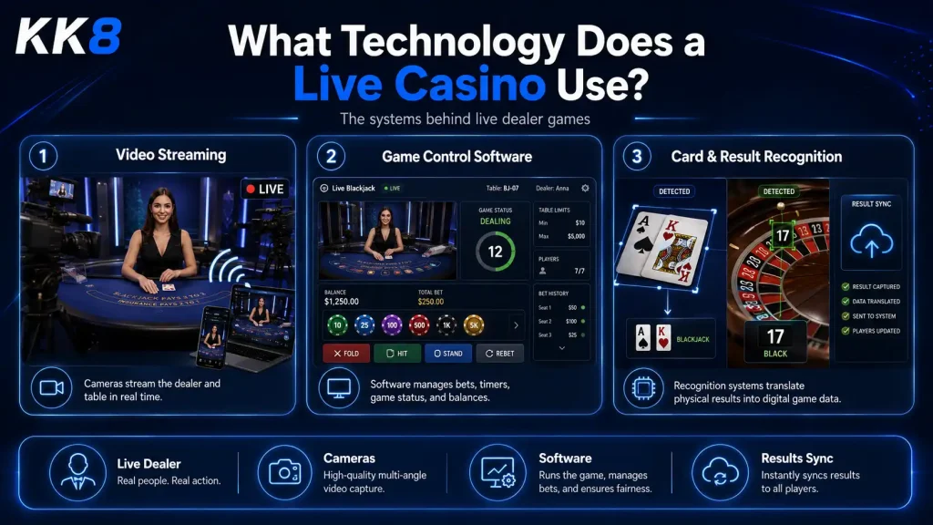 Live casino technology, including video streaming, game control software, and card and result recognition