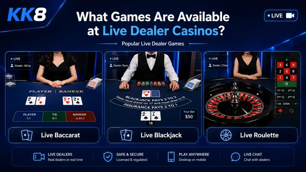 Live dealer casino games including baccarat, blackjack, and roulette