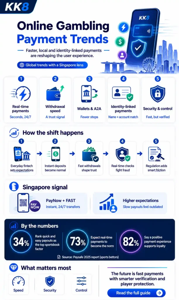 online gambling payment trends including real-time payments, faster withdrawals, digital wallets, A2A payments, PayNow, identity verification and security controls