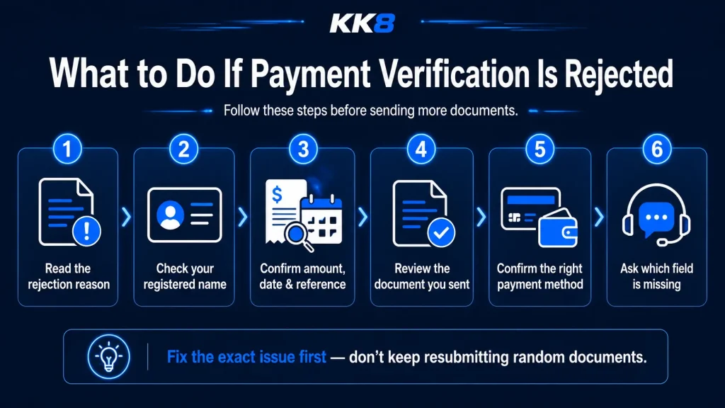 what to do if casino payment verification is rejected, including checking the rejection reason, registered name, transaction details, documents and payment method