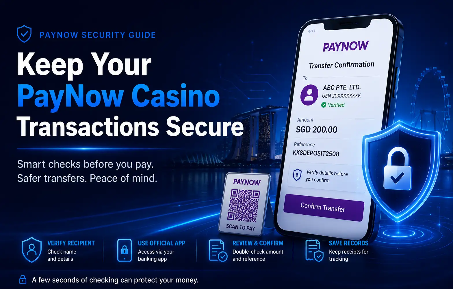 Secure PayNow casino transaction showing recipient verification, payment confirmation and banking security in Singapore