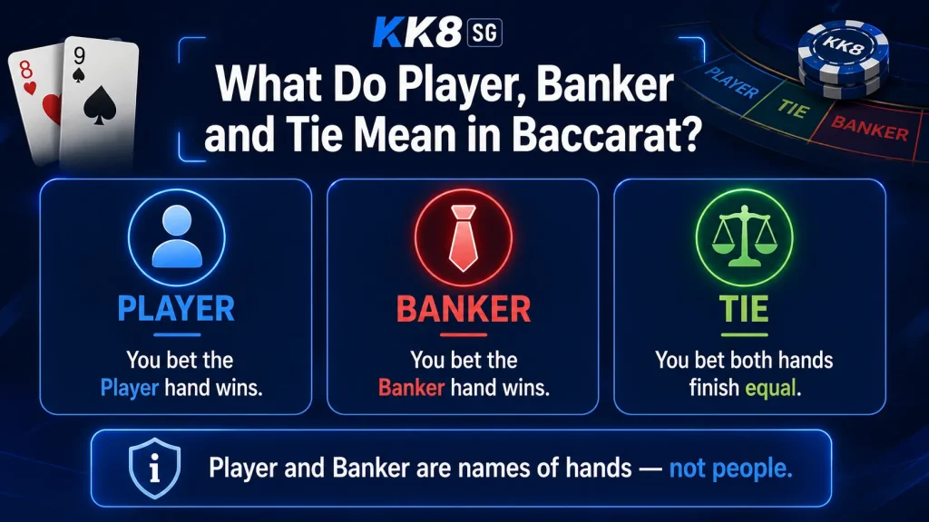 What Player, Banker and Tie mean in baccarat, showing the three main baccarat betting options and what each bet represents