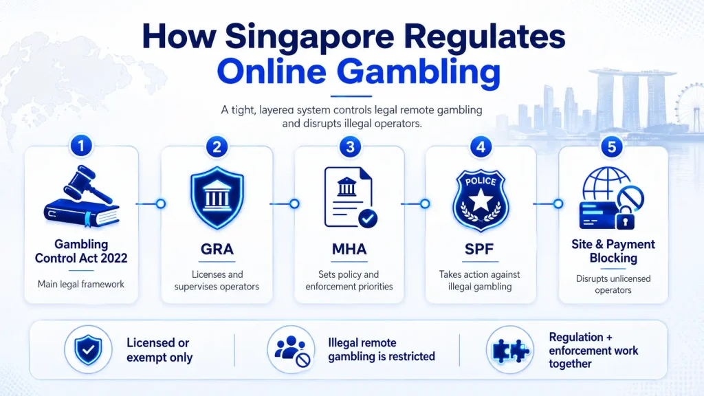 How Singapore regulates online gambling through the Gambling Control Act, GRA, MHA, SPF, and site and payment blocking