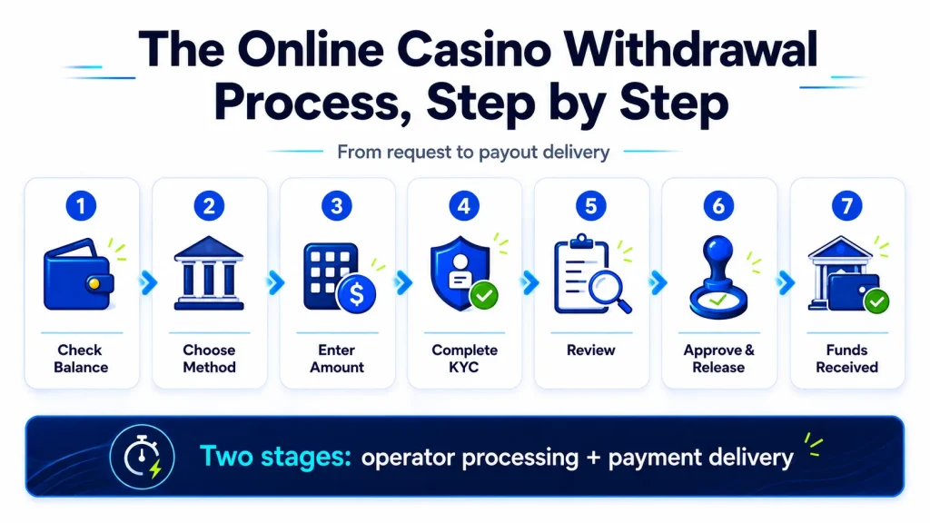 The online casino withdrawal process moves from balance checks and verification to operator approval, payment processing and funds received