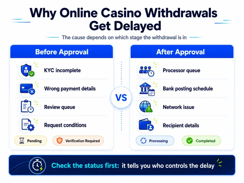 why online casino withdrawals get delayed before and after approval, including KYC, payment details, processor queues and bank processing